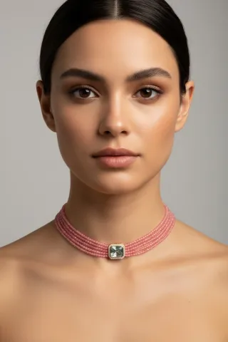 Choker rosa c/pingente água marinha