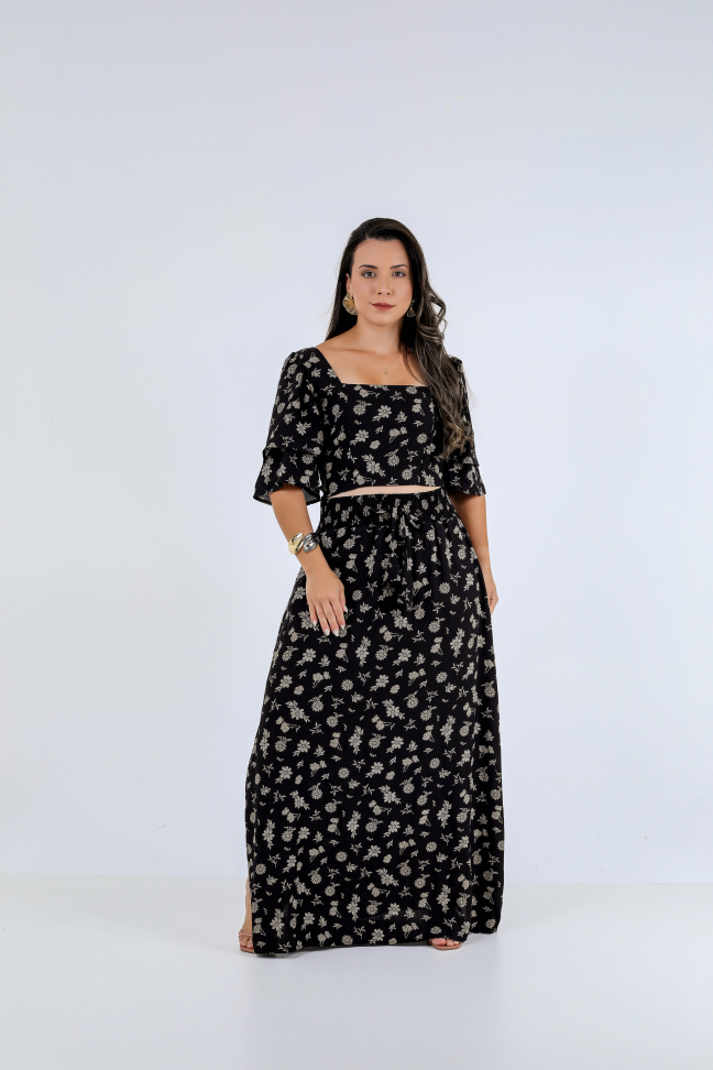 Conjunto saia e cropped viscolinho premium  Veste até 42 Alta saída no atacado