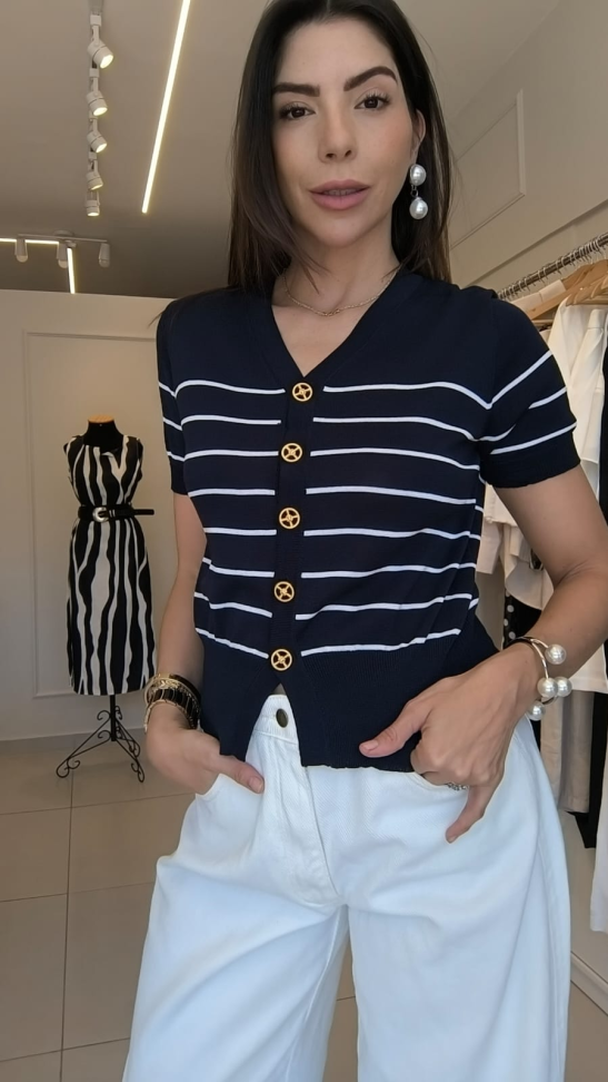 Blusa trico com manga botão naval - #3