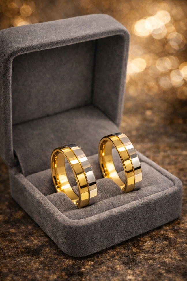 PAR DE ALIANÇAS DE MOEDA 7,0MM QUADRADA C/ METADE CHAPA DE PRATA - #2