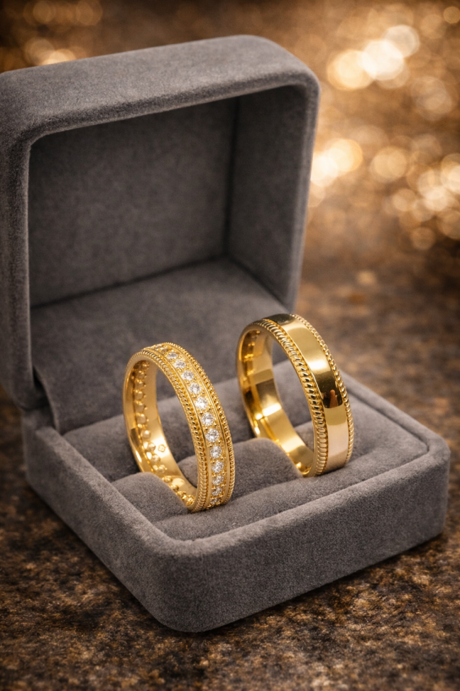 PAR DE ALIANÇA DE MOEDA 4,3MM ANATÔMICA TRABALHADA | FEM. PEDRAS DE ZIRCONIA - #2