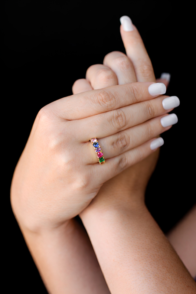 ANEL DE MOEDA MEIA ALIANÇA C/05 PEDRAS COLORIDAS DE 4MM - #4