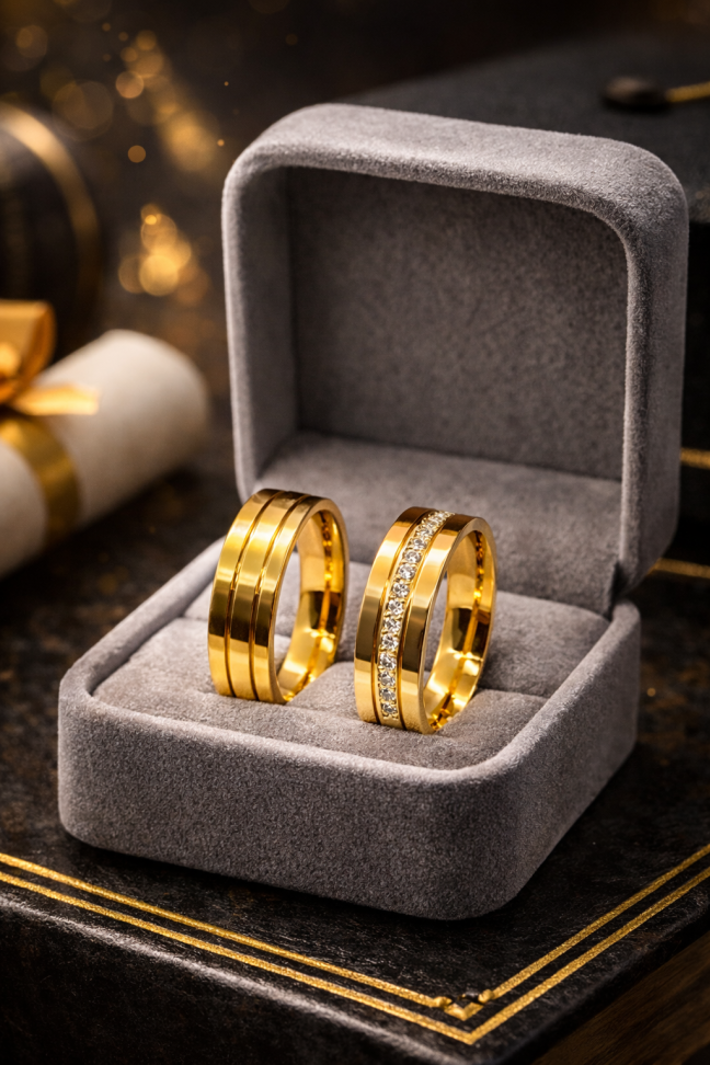 PAR DE ALIANÇA DE MOEDA 7,0MM ANATÔMICA QUADRADA C/02 FRISO 0,50 | FEM. C/15 PEDRAS - #2