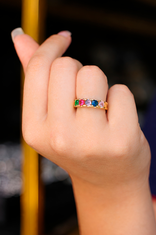 ANEL DE MOEDA MEIA ALIANÇA C/05 PEDRAS COLORIDAS DE 4MM - #3