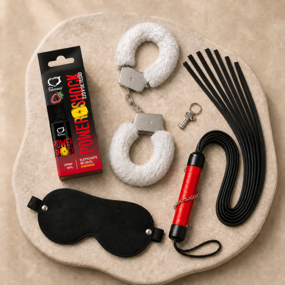 Kit Sado • Algema + Venda + Chicote + Power Shock Excitante