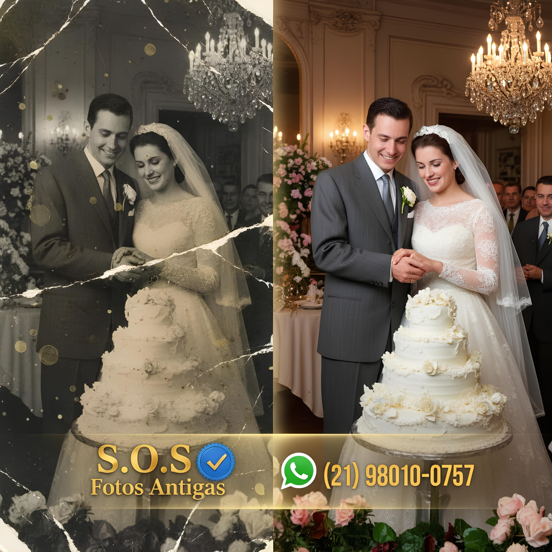 Restauração de foto antiga de casamento - antes e depois