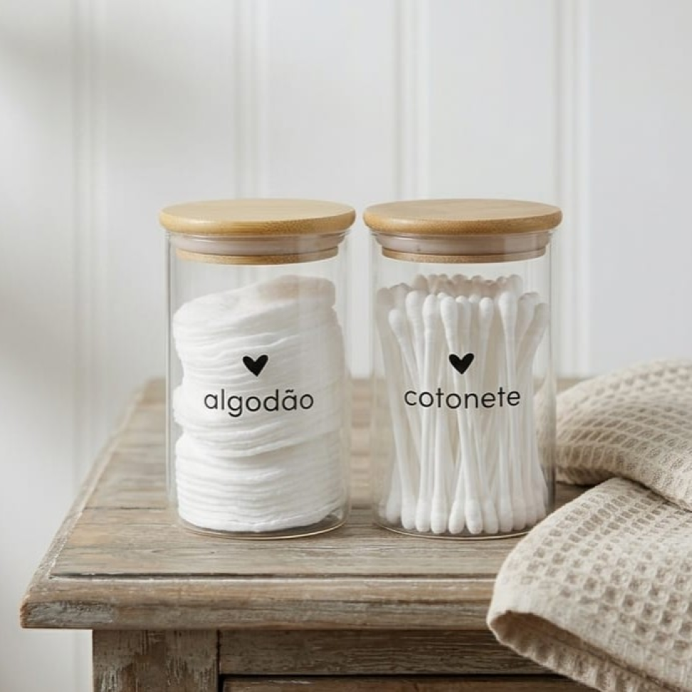 Kit Algodão Cotonete Pote Hermético de Vidro e Bambu 300ml - #2