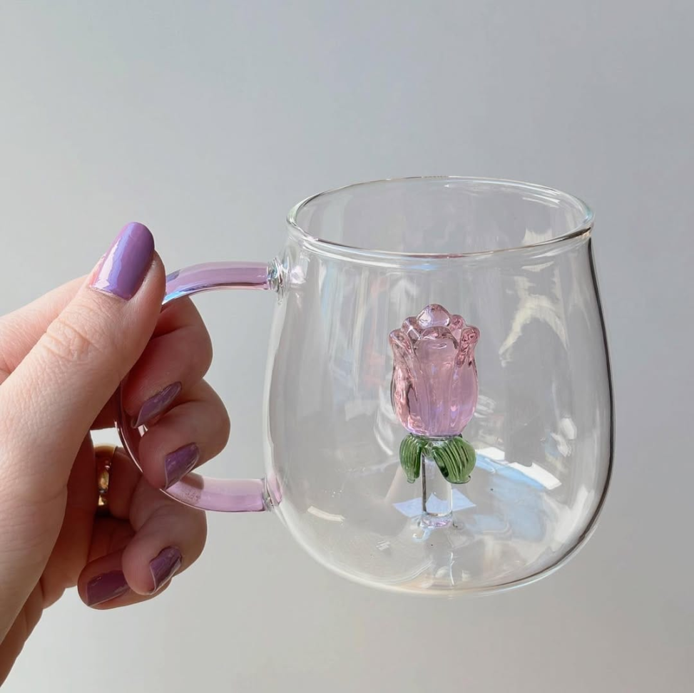 Caneca Rosa Interna Vidro 400ml