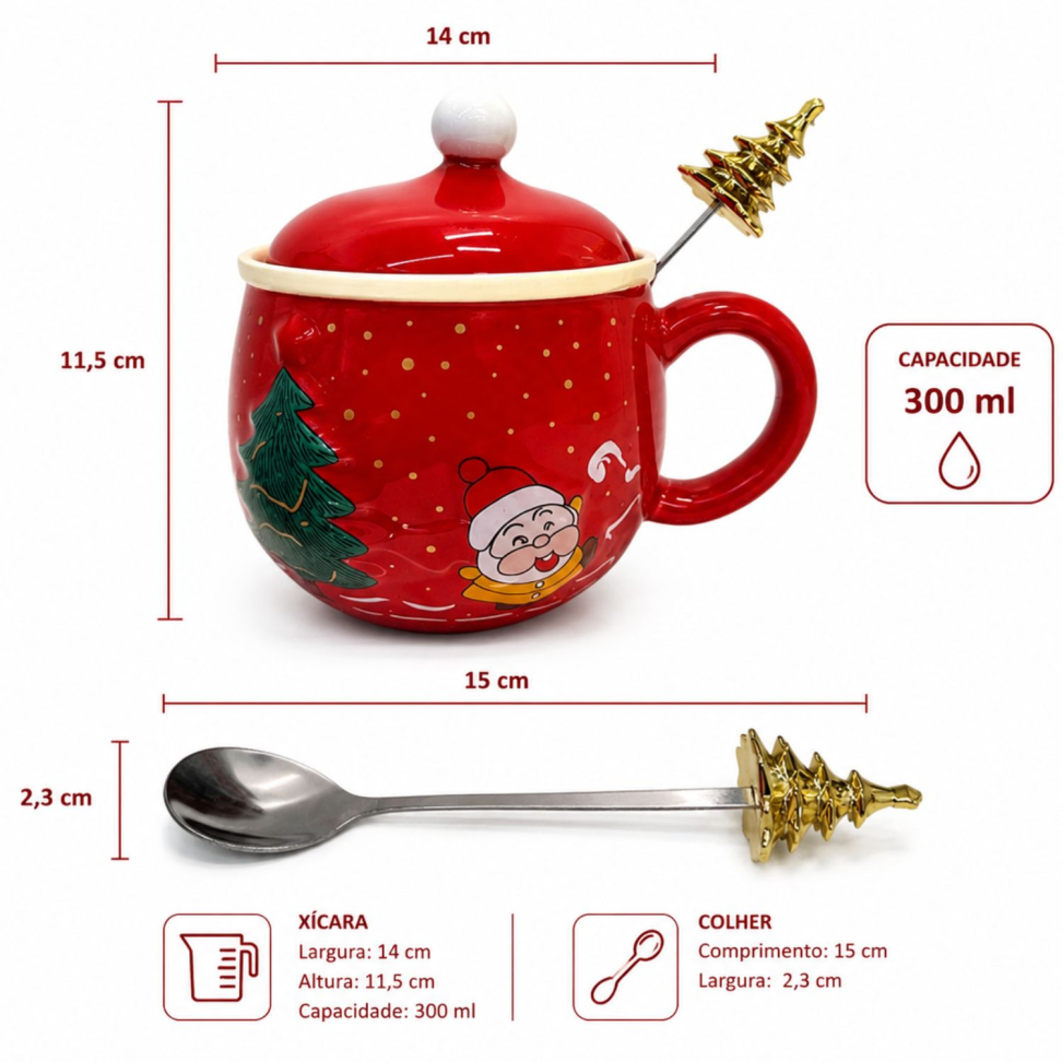 Caneca Natal C/ Tampa e Colher 300ml