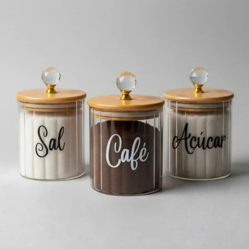 Potes Café Açúcar Sal Herméticos Mantimentos Canelado de Vidro e Bambu 500ml - #2