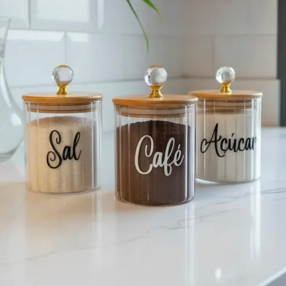 Potes Café Açúcar Sal Herméticos Mantimentos Canelado de Vidro e Bambu 500ml - #3