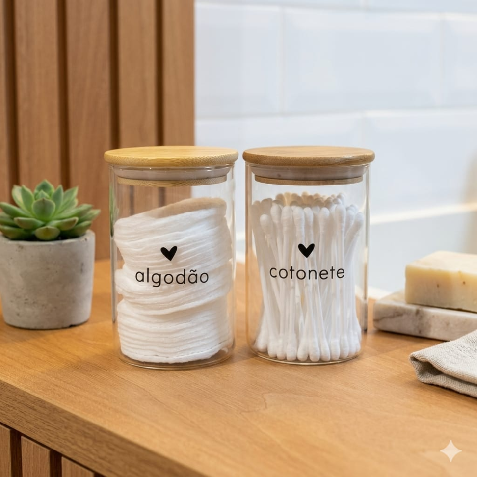 Kit Algodão Cotonete Pote Hermético de Vidro e Bambu 300ml - #3
