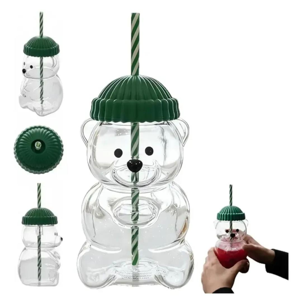 Copo Urso com Canudo Vidro 500ml