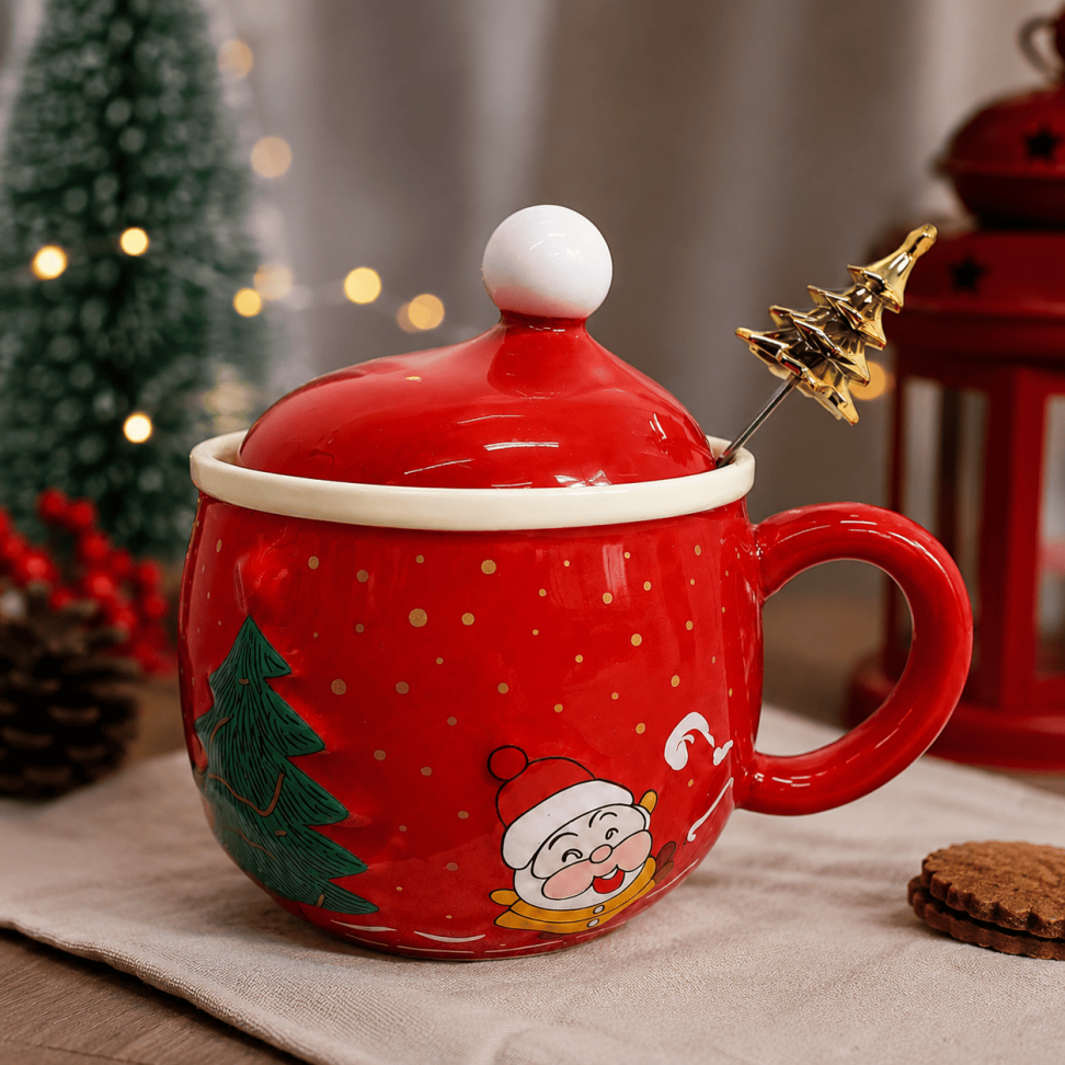 Caneca Natal C/ Tampa e Colher 300ml