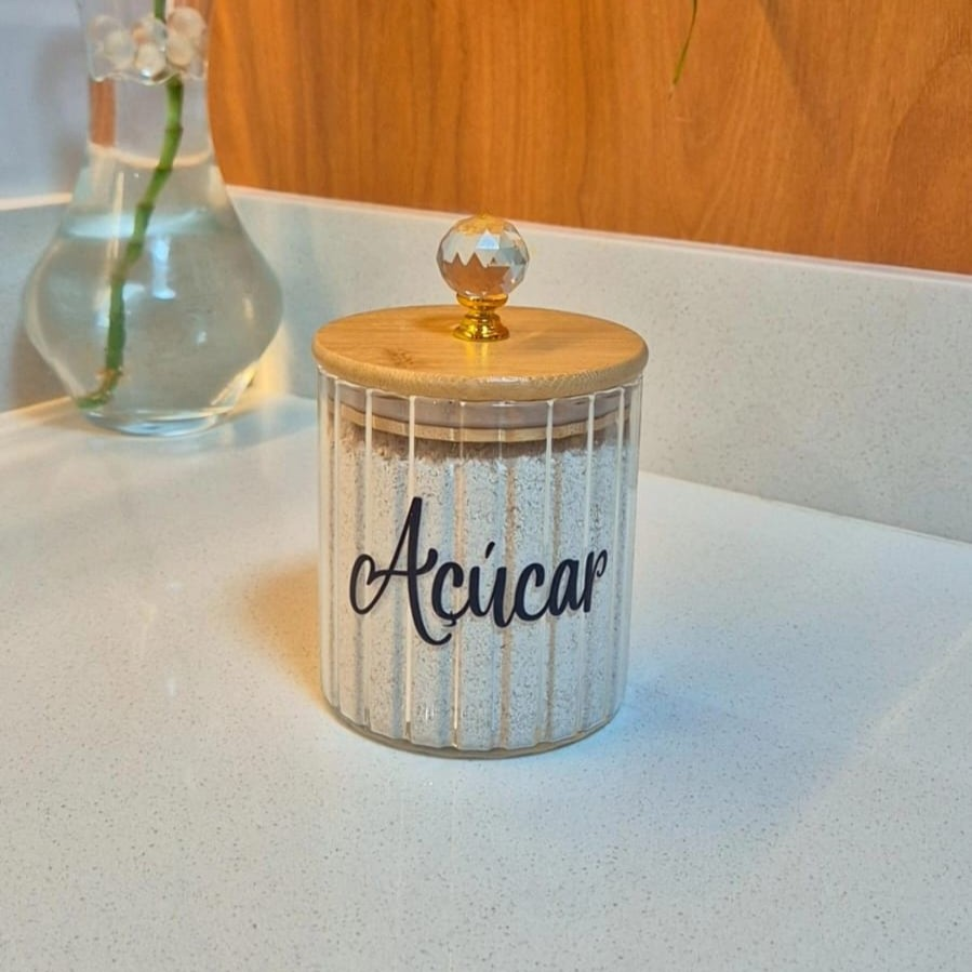 Potes Café Açúcar Sal Herméticos Mantimentos Canelado de Vidro e Bambu 500ml - #4