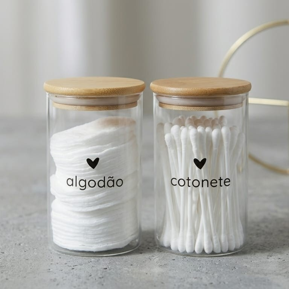 Kit Algodão Cotonete Pote Hermético de Vidro e Bambu 300ml - #4