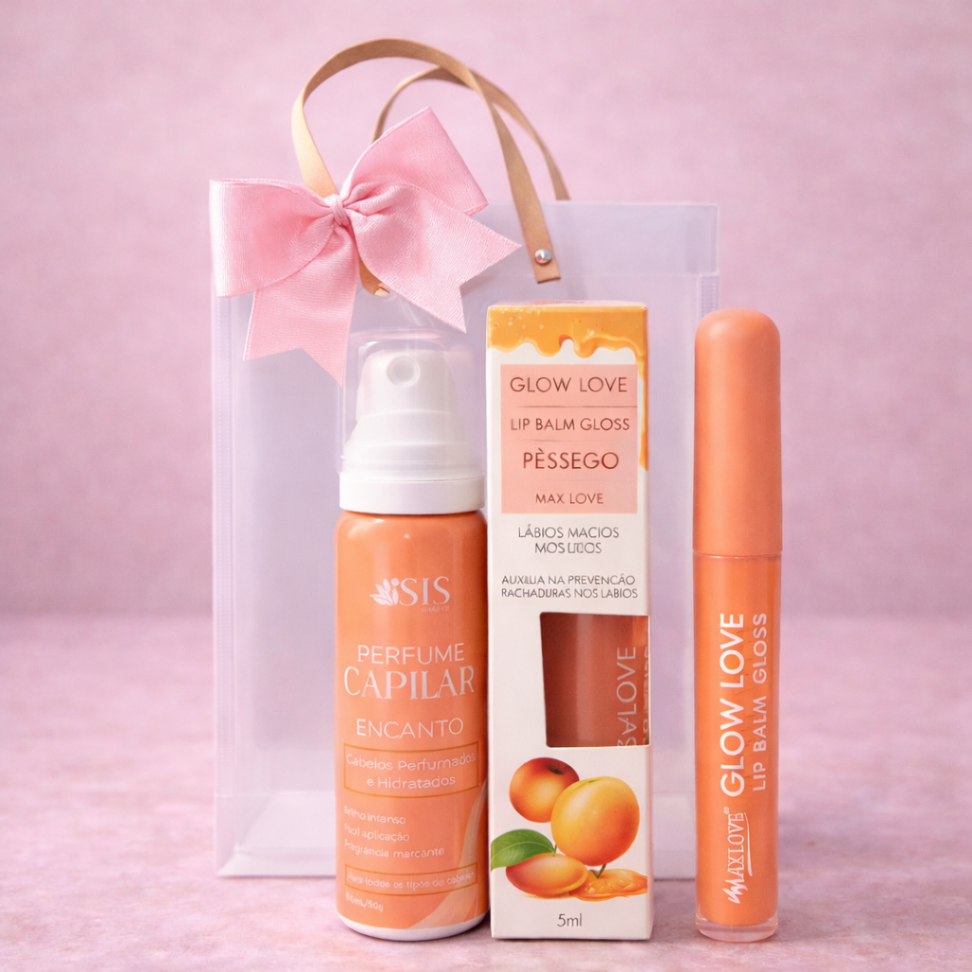 Kit Encanto & Pêssego – Perfume Capilar + Lip Gloss