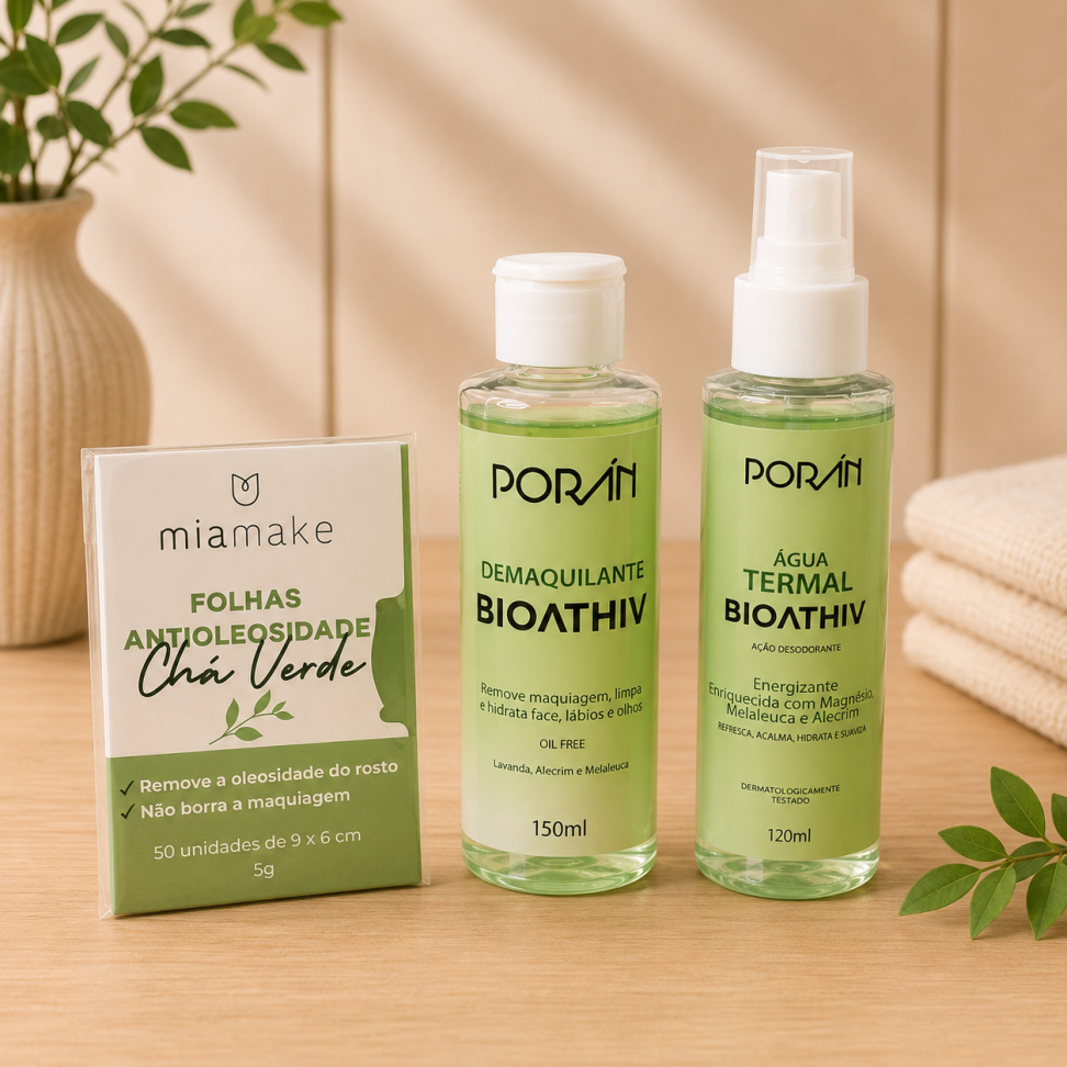 Kit Antioleosidade: Água Termal, Demaquilante e Folhas Antioleosidade