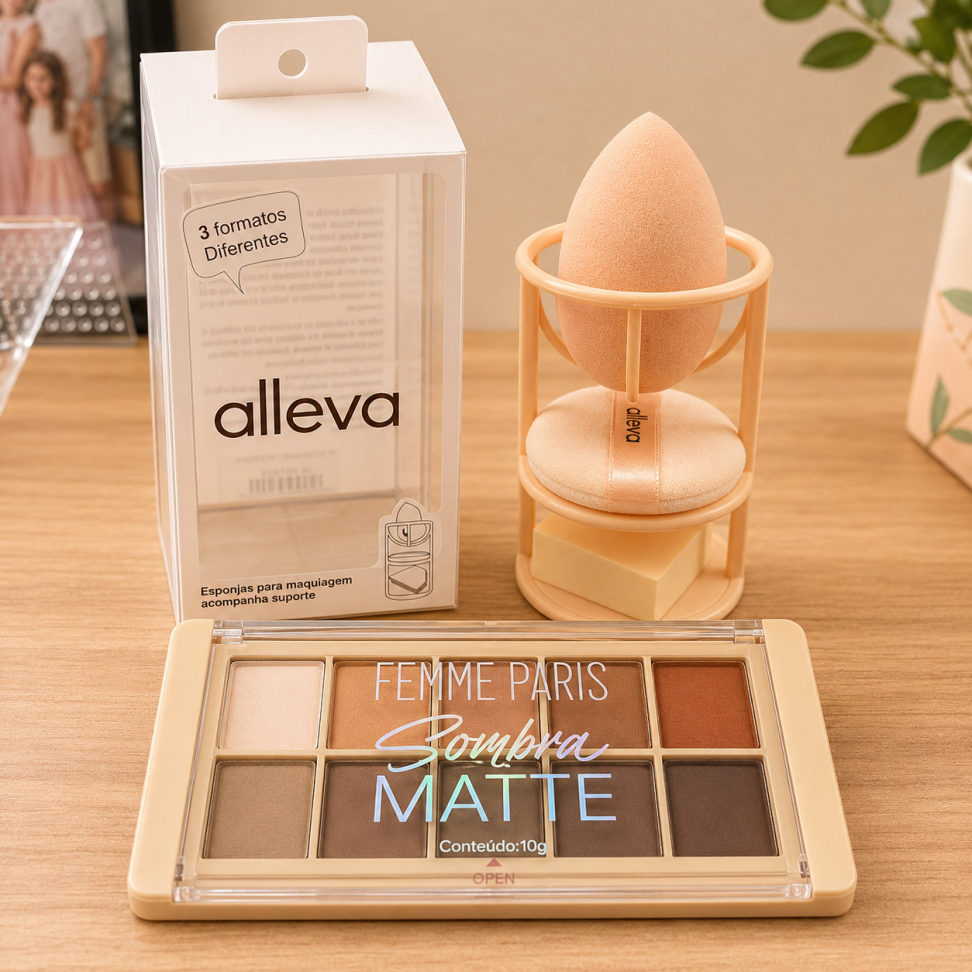 Kit Paleta Maquiagem + Trio Esponjas com Suporte