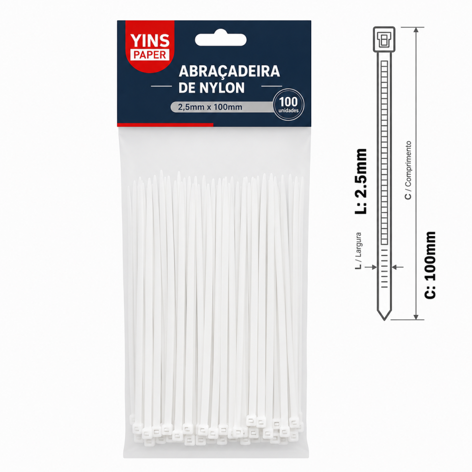 Abraçadeira Nylon - 2.5X100mm - Branco / 100un.