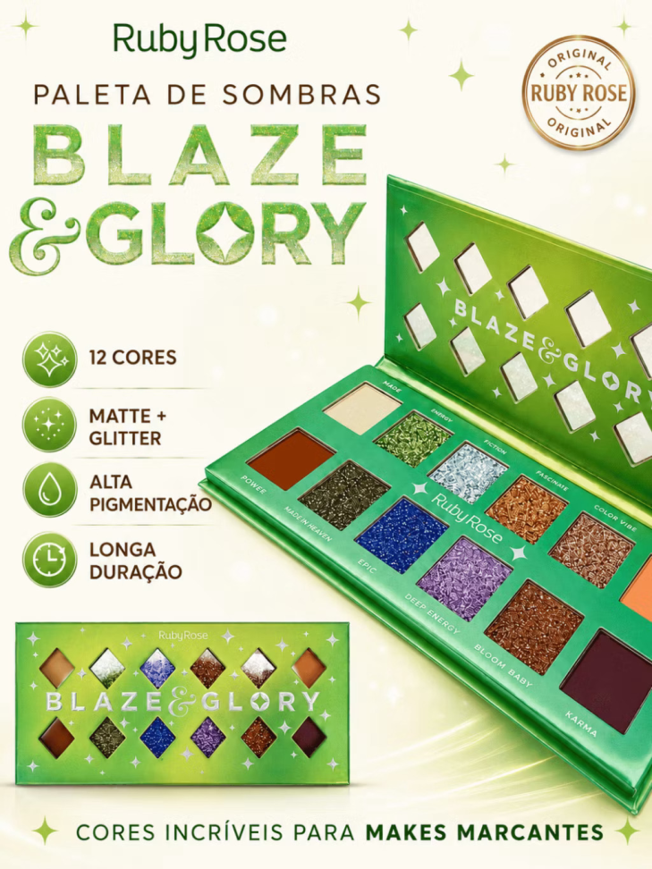 ￼Paleta de Sombras Blaze e Glory Ruby Rose Alta Pigmentação Cores Matte e Cintilantes Maquiagem