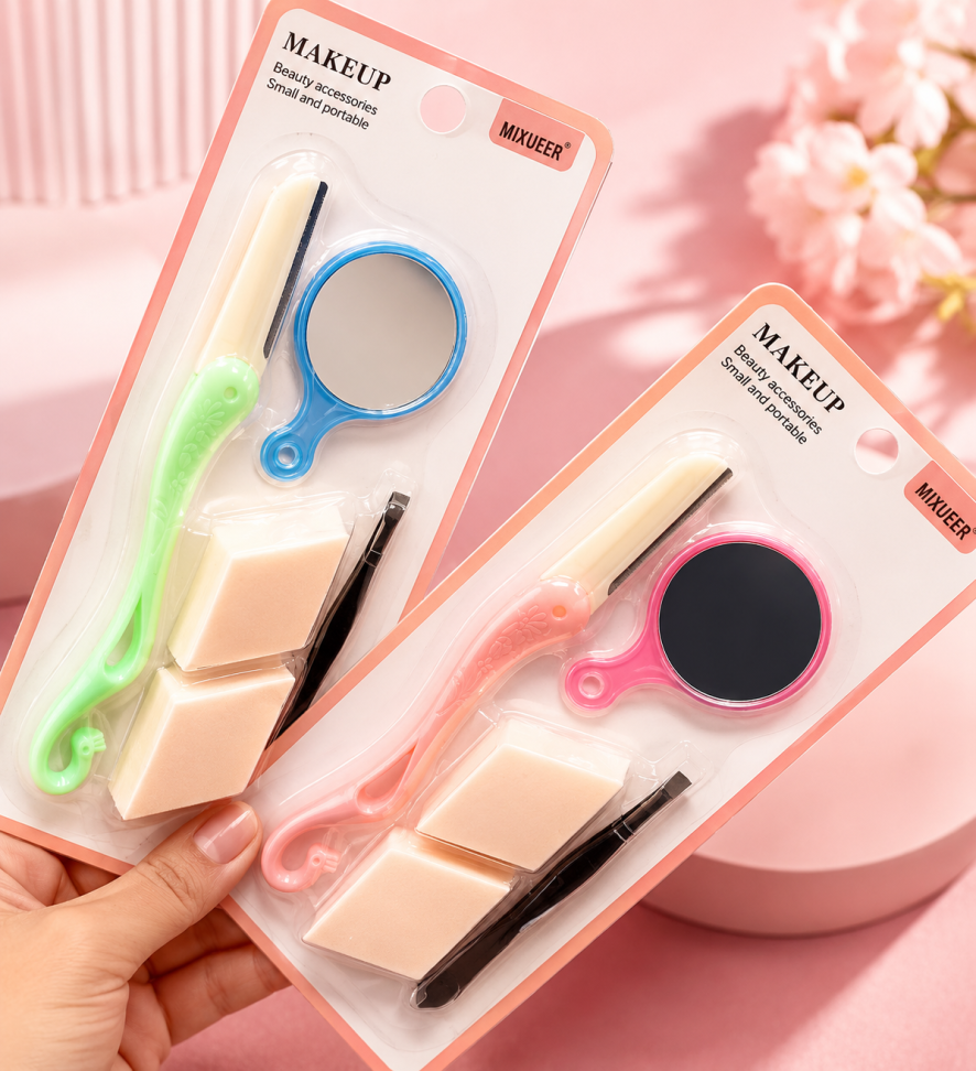 Kit com Navalha, pinça, espelho e esponja