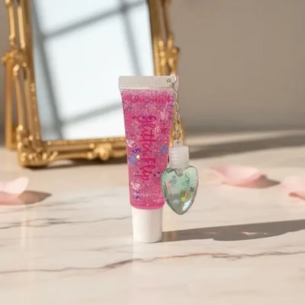 Lip gloss com glitter e chaveiro -hello mini