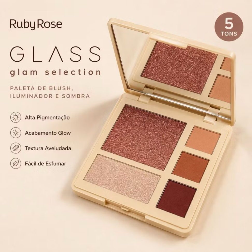 Ruby Rose Paleta de Sombras Blush e Iluminador Glass