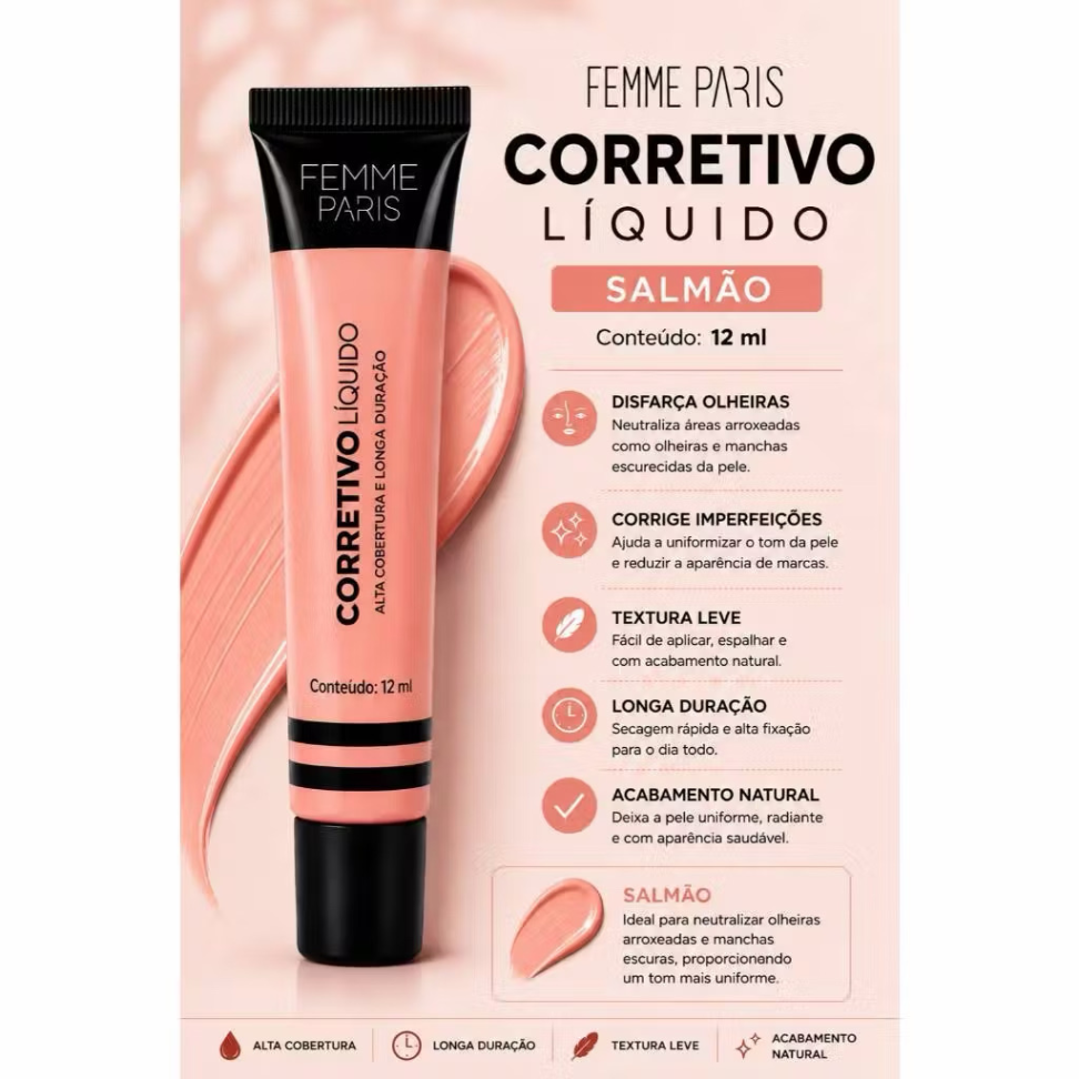 Corretivo Líquido Femme Paris 12ml Alta Cobertura - Colorido Longa Duração - #3