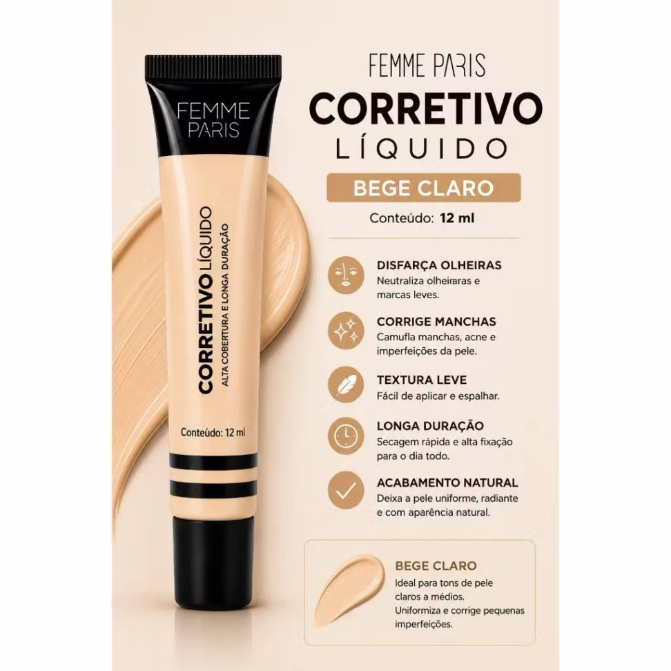 Corretivo Líquido Femme Paris 12ml Alta Cobertura - Colorido Longa Duração - #5