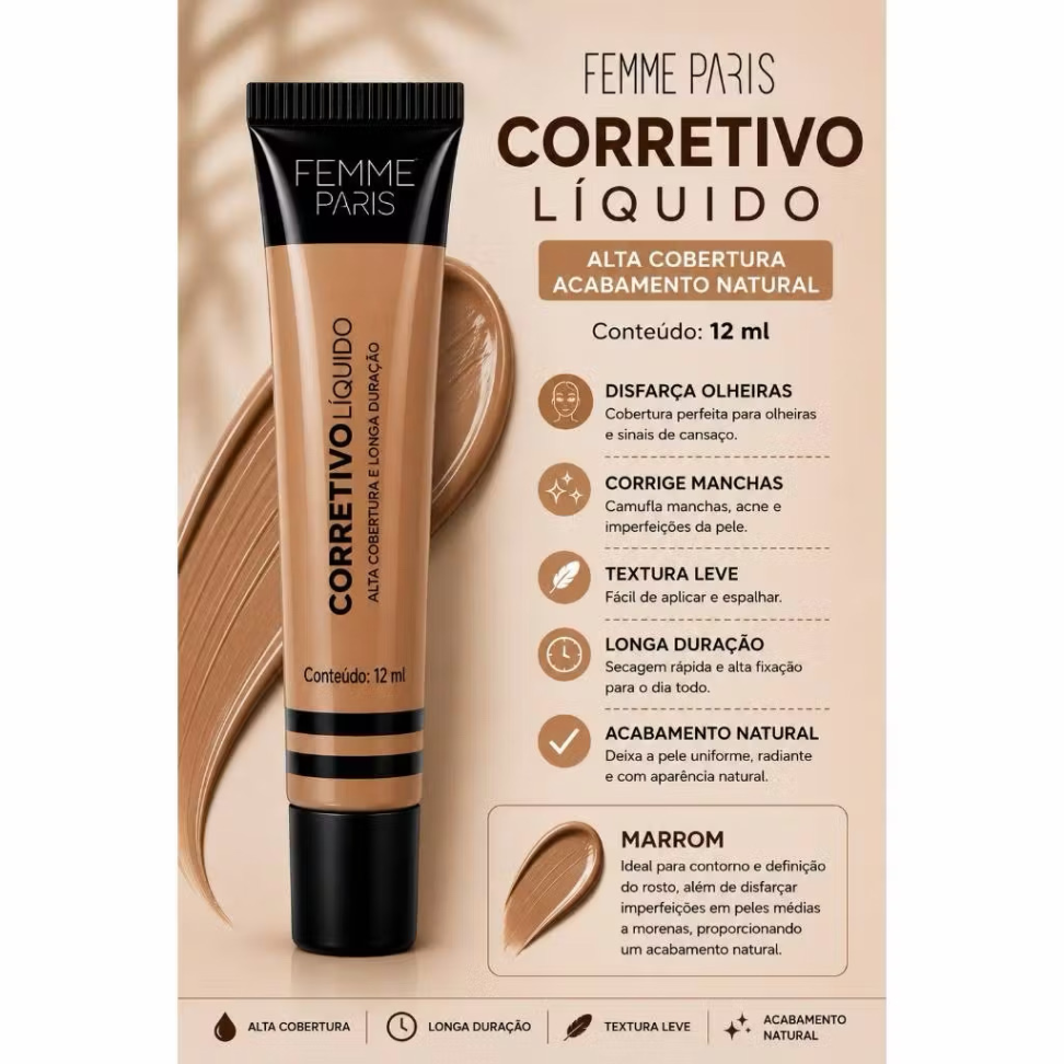 Corretivo Líquido Femme Paris 12ml Alta Cobertura - Colorido Longa Duração - #8
