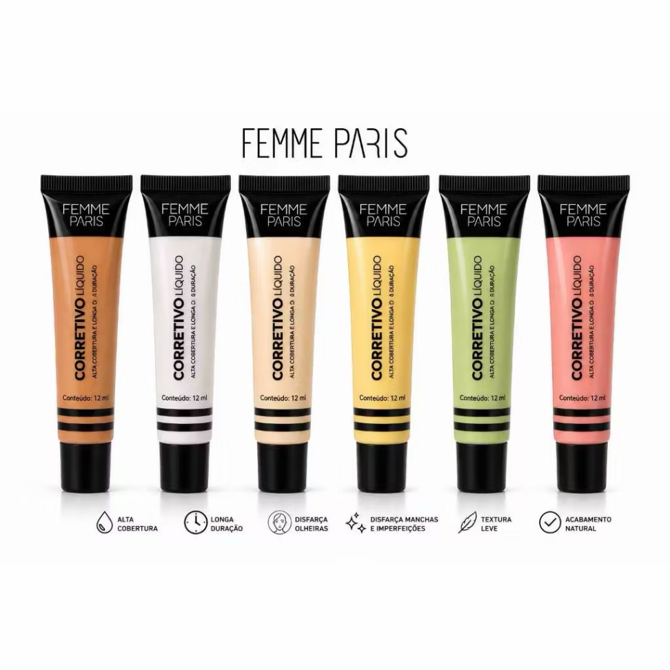 Corretivo Líquido Femme Paris 12ml Alta Cobertura - Colorido Longa Duração