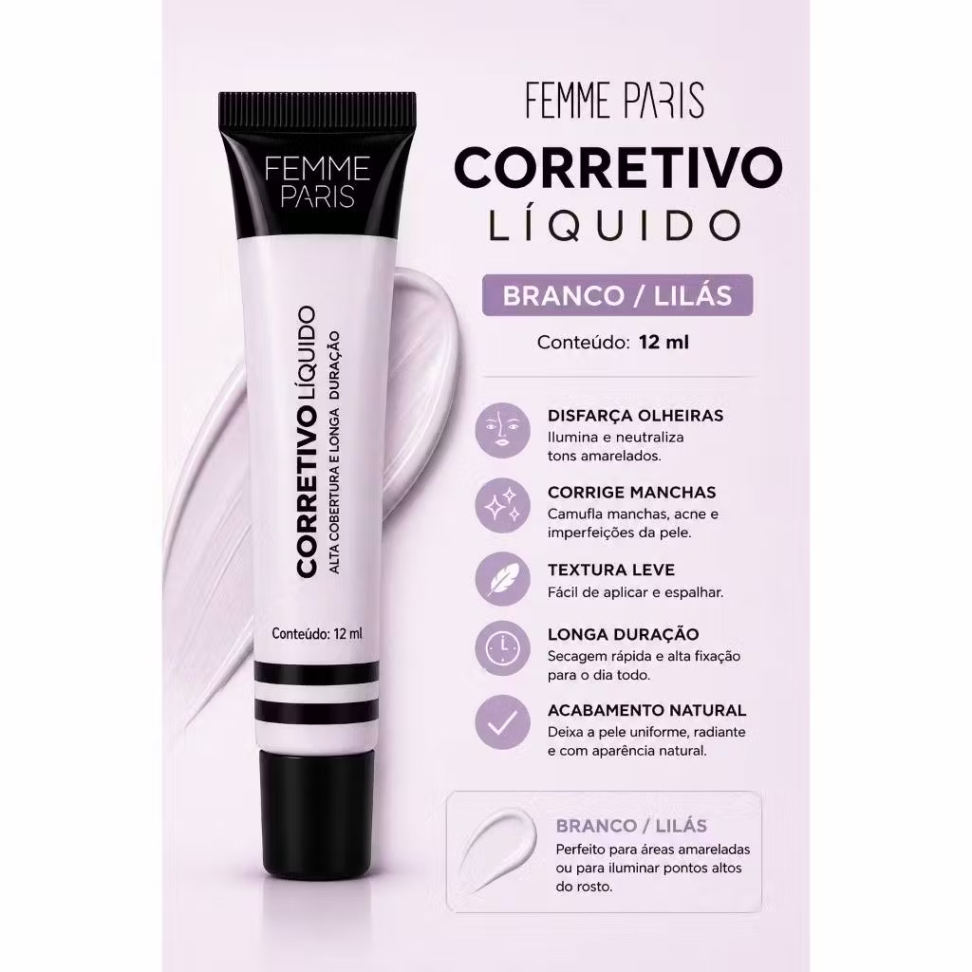 Corretivo Líquido Femme Paris 12ml Alta Cobertura - Colorido Longa Duração - #4