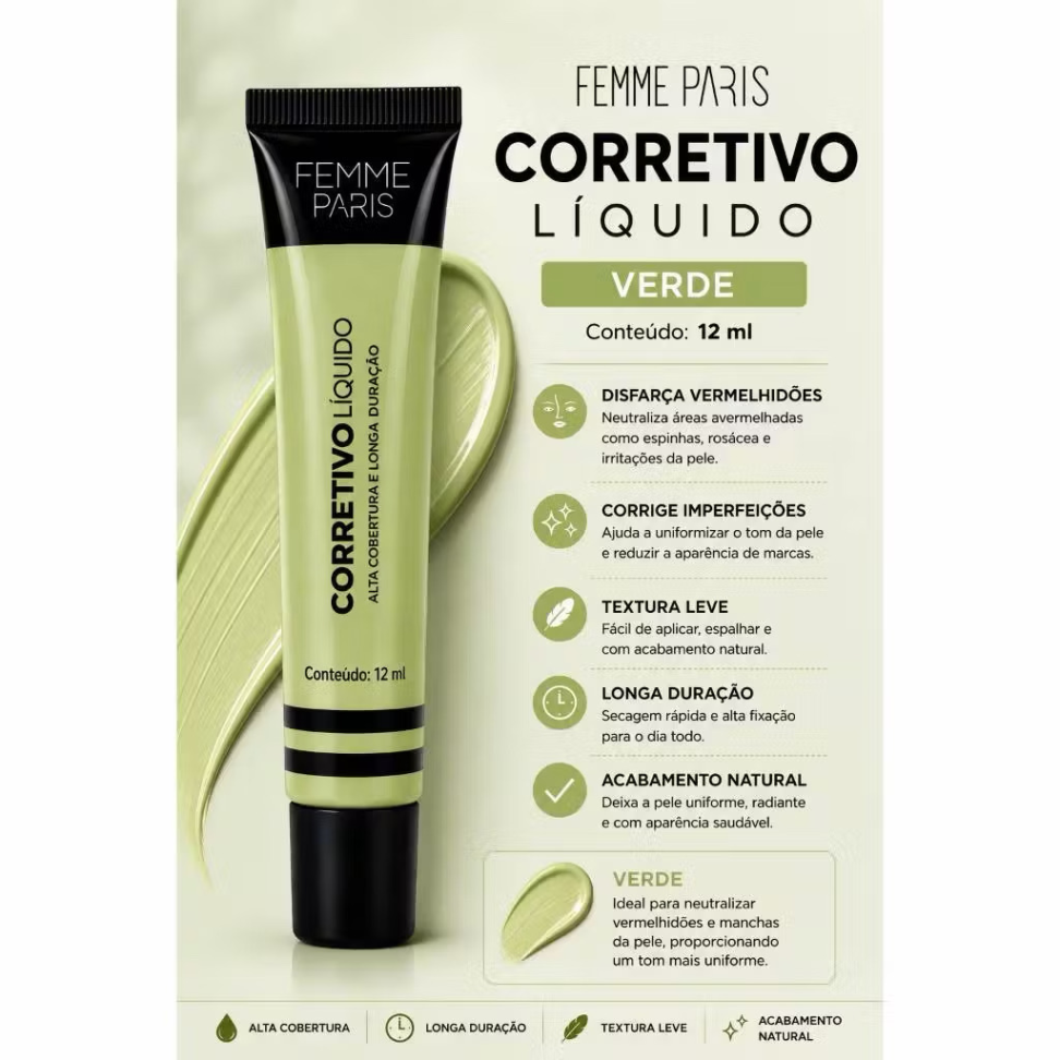 Corretivo Líquido Femme Paris 12ml Alta Cobertura - Colorido Longa Duração - #7