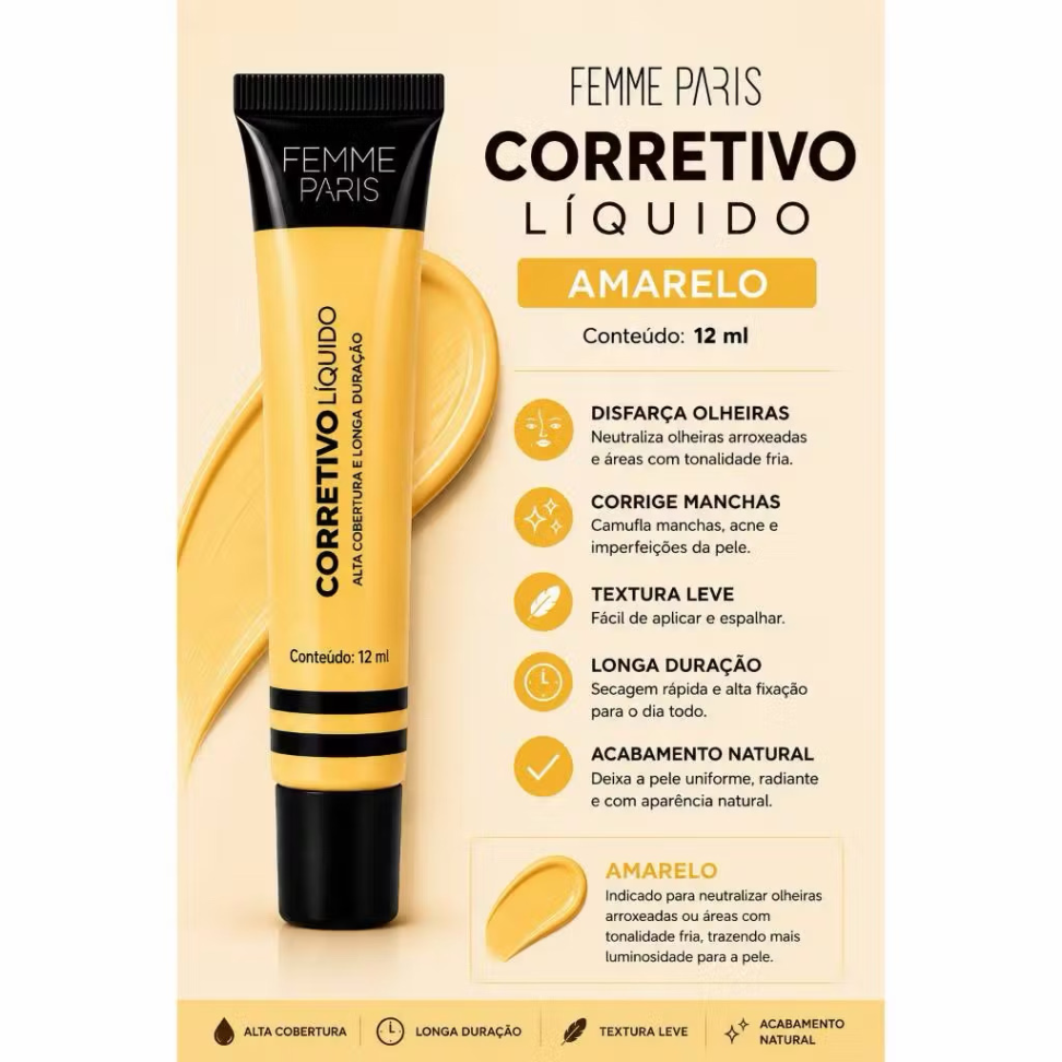 Corretivo Líquido Femme Paris 12ml Alta Cobertura - Colorido Longa Duração - #6