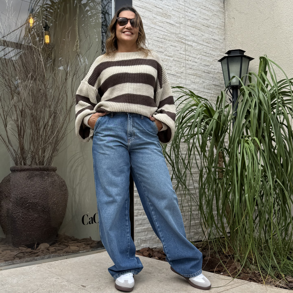 Calça Jeans Wide Leg Bolso Faca