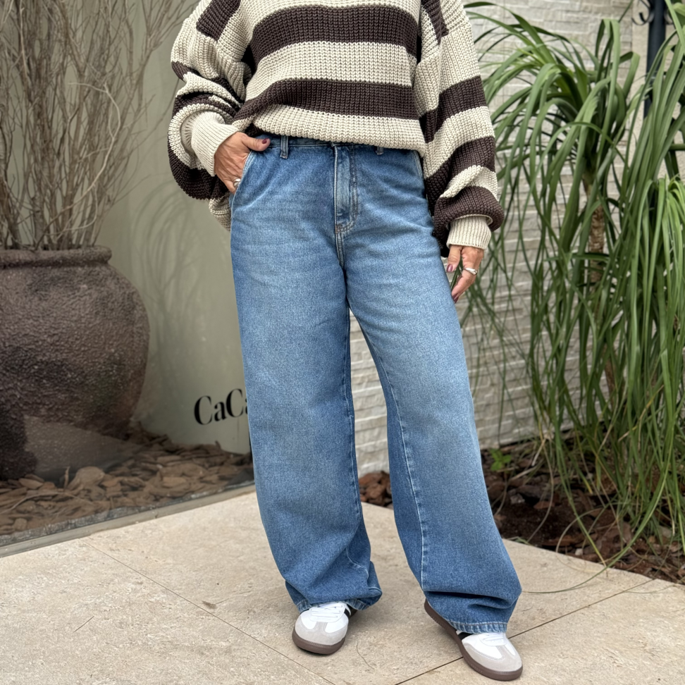 Calça Jeans Wide Leg Bolso Faca