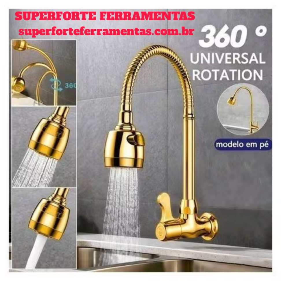 TORNEIRA LUXO DOURADA 1/4 DE VOLTA DUPLO JATO, MOVIMENTO 360°.