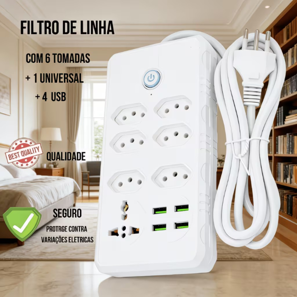 FILTRO DE LINHA UNIVERSAL. 6 TOMADAS 2P+T, 1 UNIVERSAL E 4 USB.