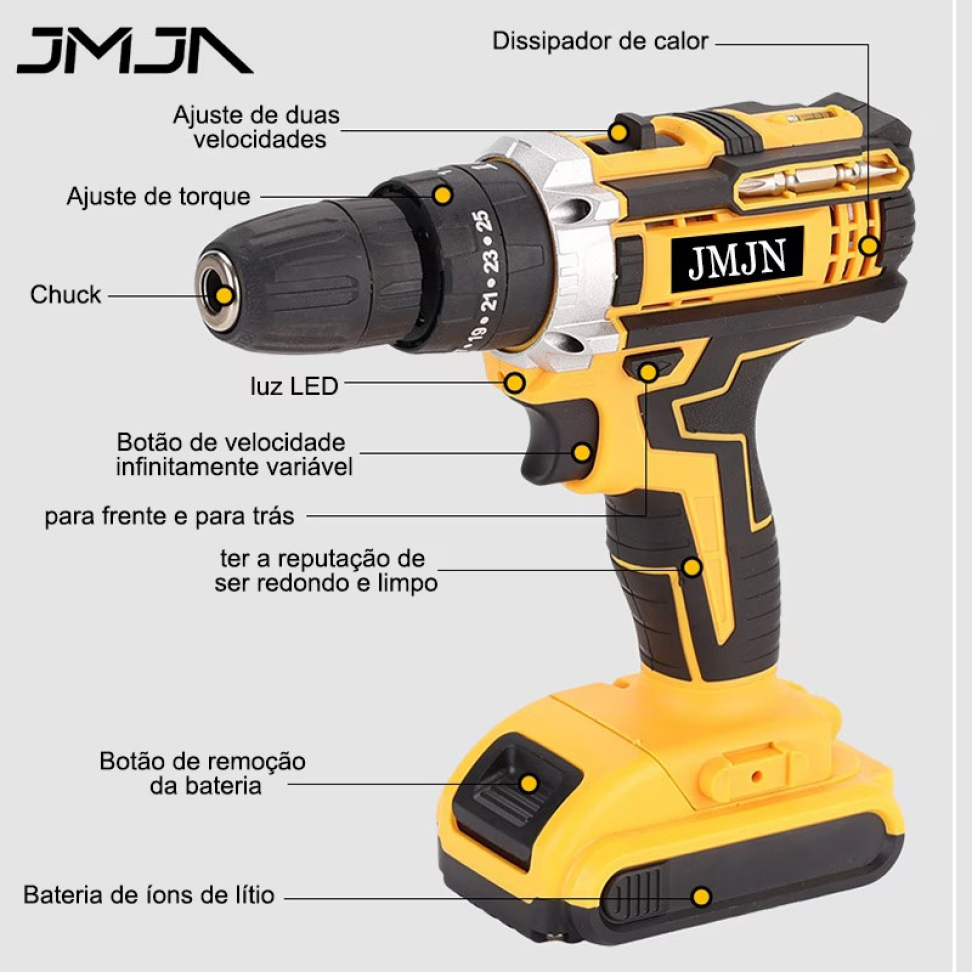 FURADEIRA/PARAFUSADEIRA 21V 2 BATERIAS + 24 ACESSÓRIOS+MALETA PLÁSTICA.