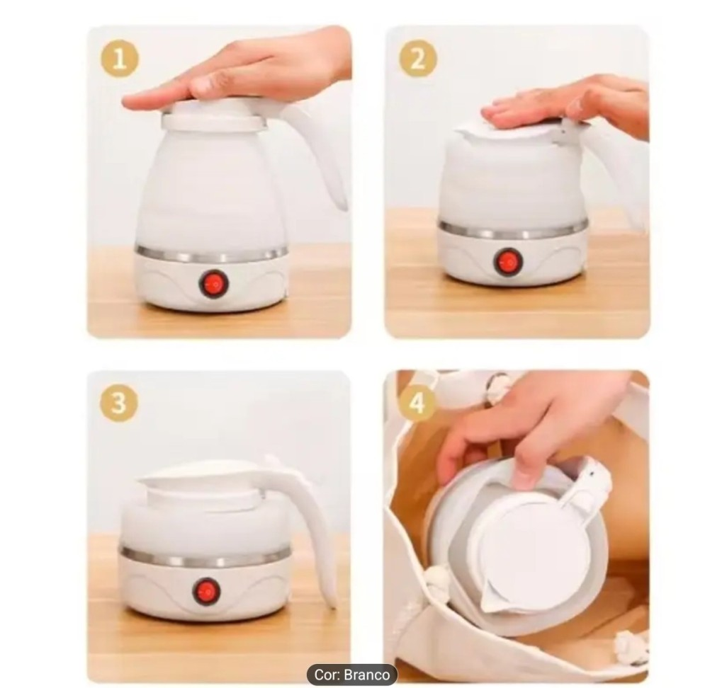 CHALEIRA ELÉTRICA DE SILICONE DOBRÁVEL 600ML. FERVE EM 1 MINUTO.