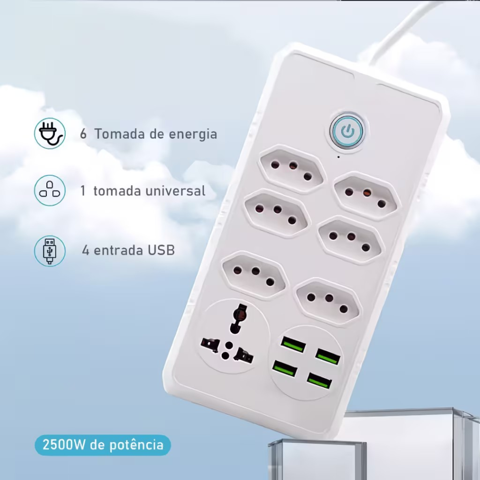 FILTRO DE LINHA UNIVERSAL. 6 TOMADAS 2P+T, 1 UNIVERSAL E 4 USB.