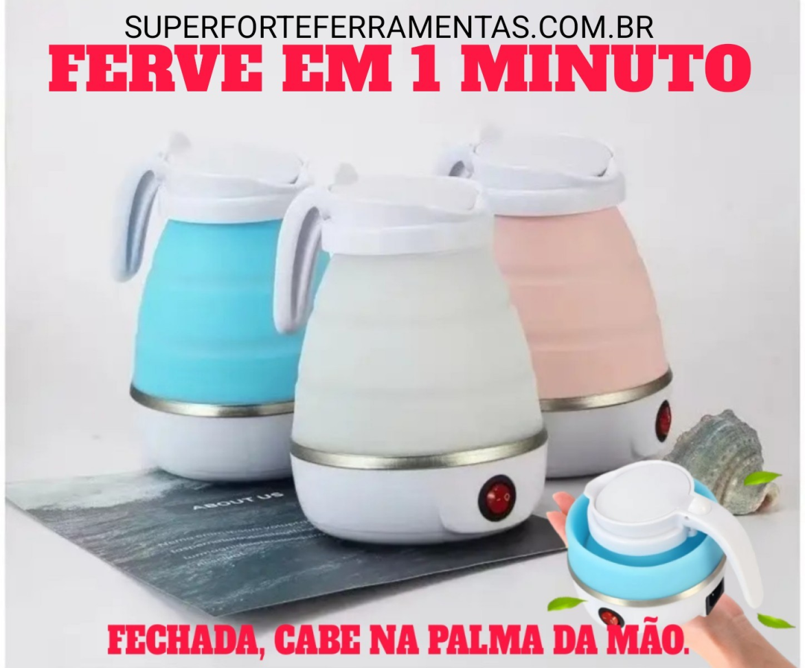 CHALEIRA ELÉTRICA DE SILICONE DOBRÁVEL 600ML. FERVE EM 1 MINUTO.
