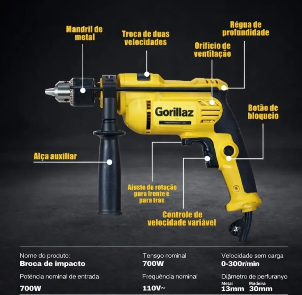 FURADEIRA DE IMPACTO REVERSÍVEL MANDRIL 1/2" 700 WATTS 127 VOLTS.