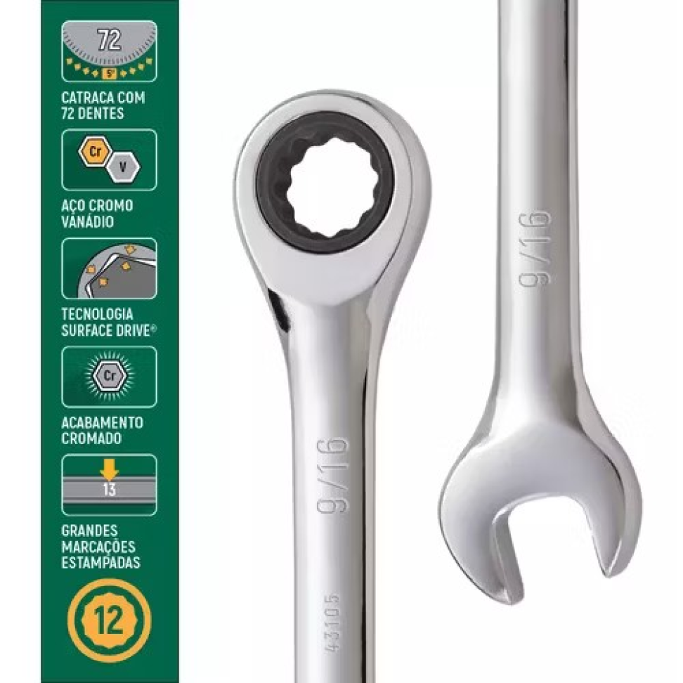CHAVE COMBINADA COM CATRACA 10MM SATA CROMO VANÁDIO.