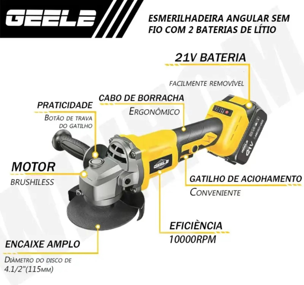 ESMERILHADEIRA À BATERIA 4.1/2 POLEGADAS 21 VOLTS COM 2 BATERIAS.