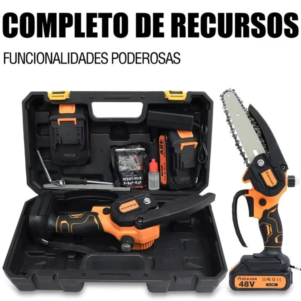 MINI MOTOSSERRA 48V 6 POLEGADAS COM 2 BATERIAS.
