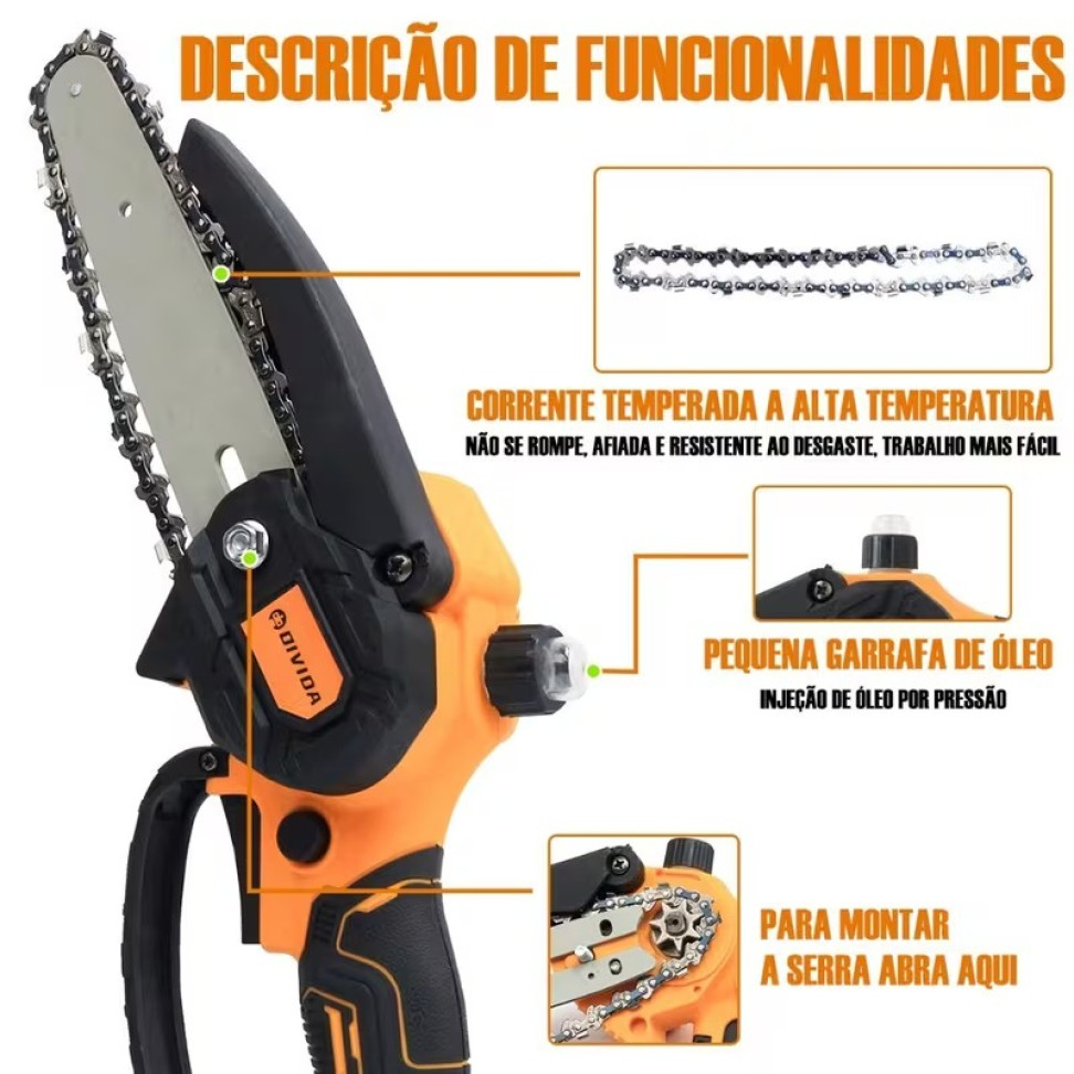 MINI MOTOSSERRA 48V 6 POLEGADAS COM 2 BATERIAS.