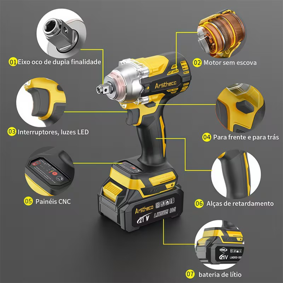 CHAVE DE IMPACTO COM 2 BATERIAS MOTOR BRUSHLESS (NAO USA ESCOVA DE CARVÃO)