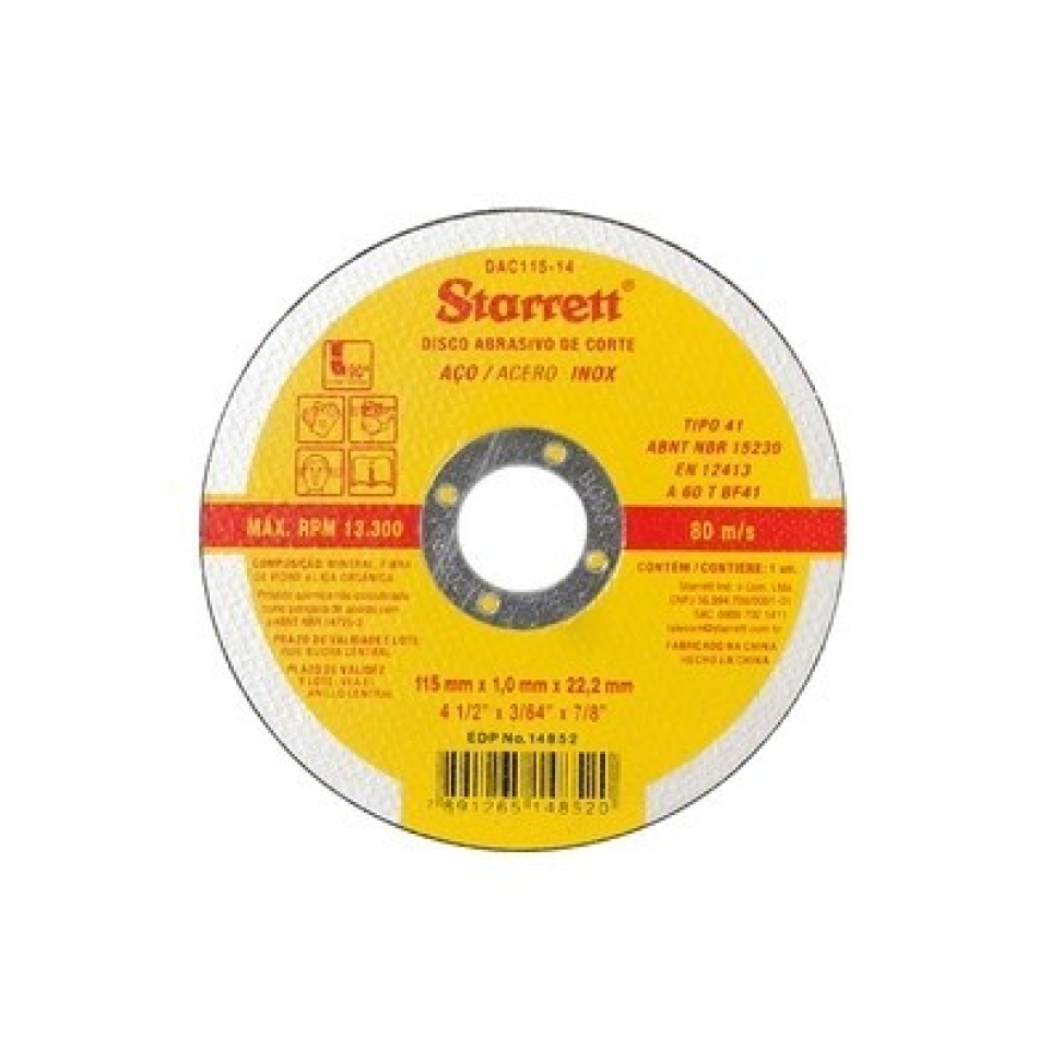 DISCO DE CORTE STARRET 4.1/2" X 1,0 MM. UNIDADE.